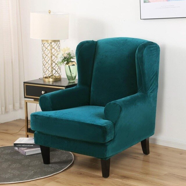 Housse Fauteuil Wingback Velours Bleu Canard 336