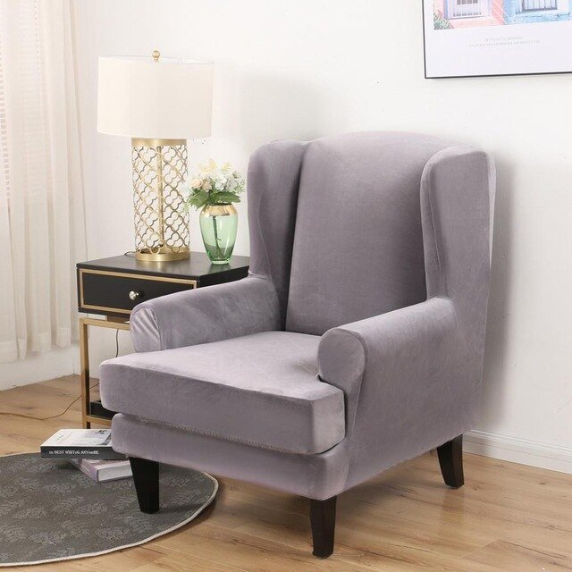 Housse Fauteuil Wingback Velours Gris Clair 334