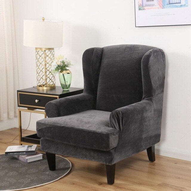 Housse Fauteuil Wingback Velours Gris 338