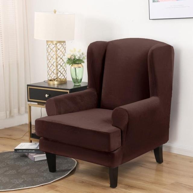 Housse Fauteuil Wingback Velours Marron 329