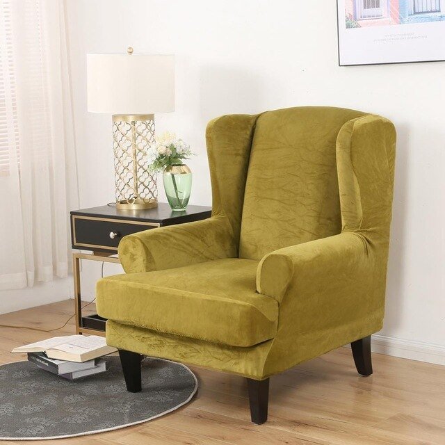 Housse Fauteuil Wingback Velours Vert Olive 337